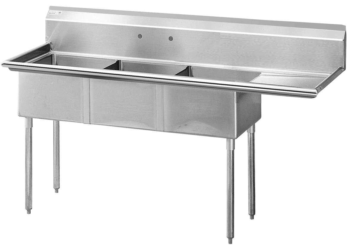 Sink, Three Compartment, with right 18" drainboard